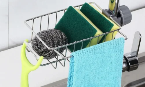 Elevated Stainless Steel Faucet Storage Rack with Towel Bar
